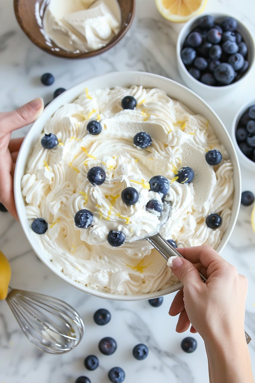 Lemon and Blueberry Keto Cheesecake Fluff instructions process