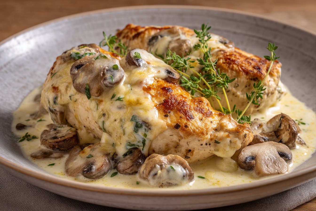 Mushroom Asiago Chicken recipe card