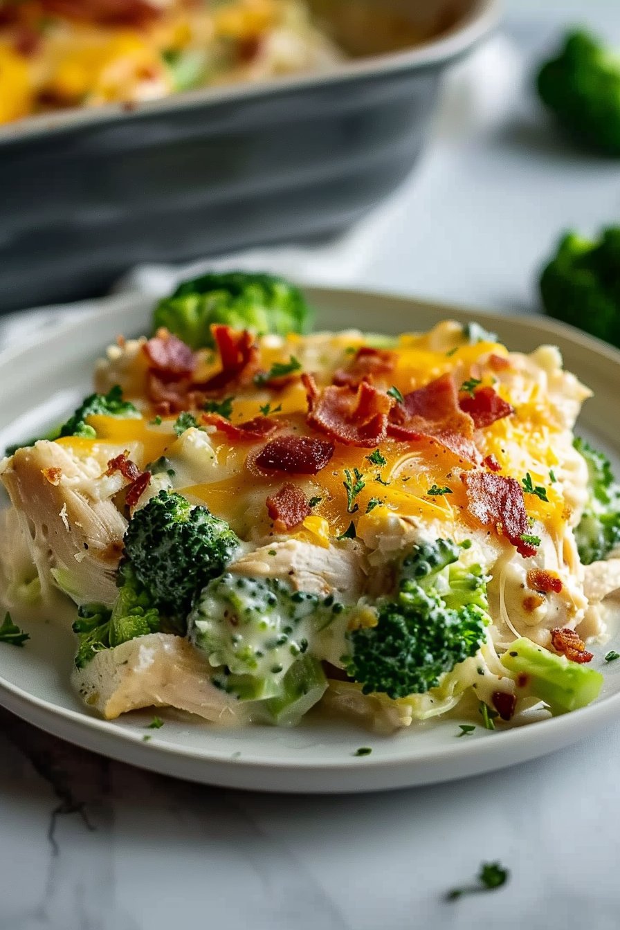 Creamy Low Carb Chicken Casserole with Broccoli and Turkey halal smoked turkey strips serving image