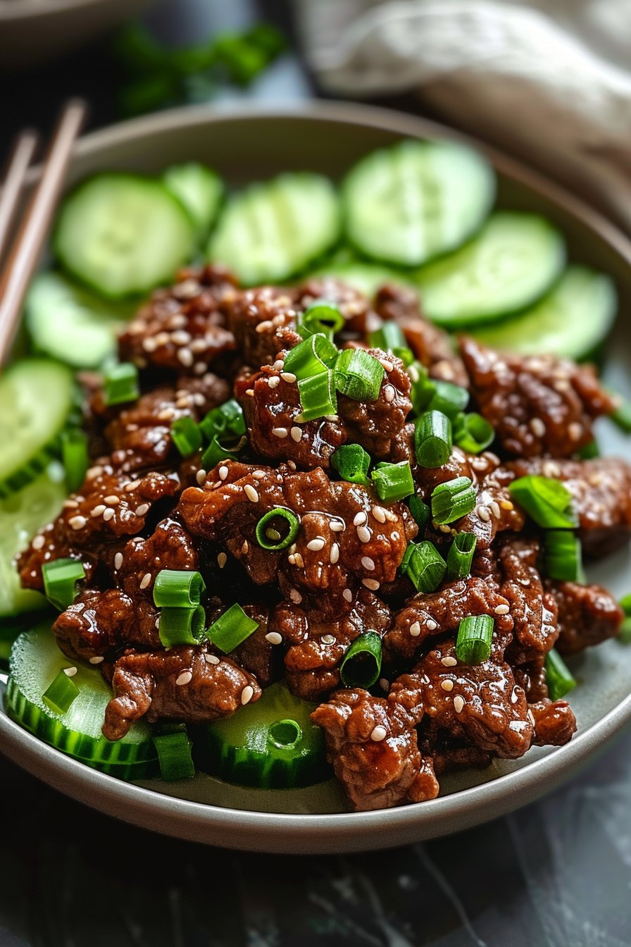 Delightful Spicy Keto Korean Beef with Cucumber Salad Dish serving image