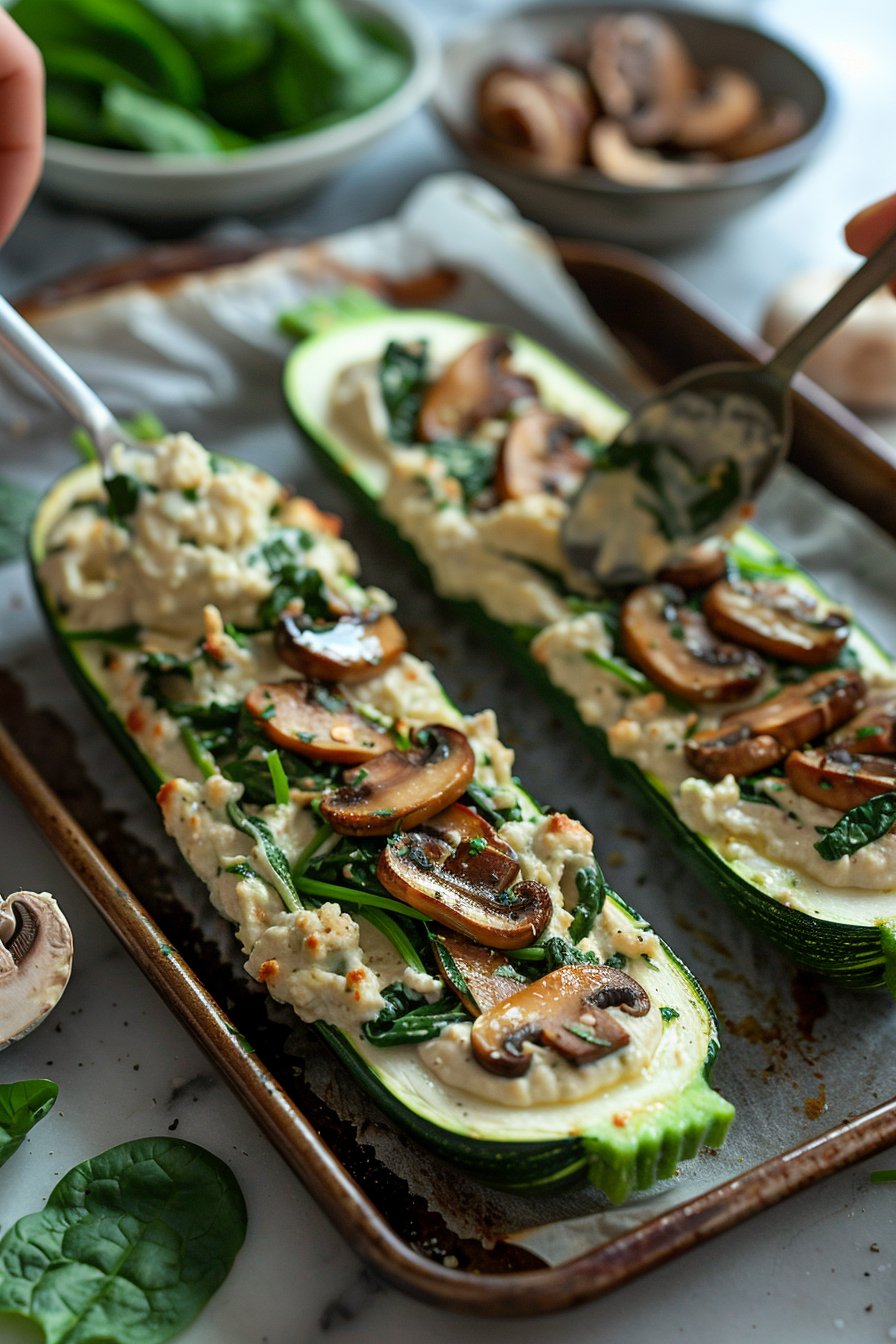 Spinach, Mushroom, and Ricotta Stuffed Zucchini Boats process image