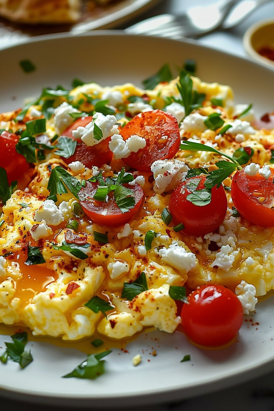 Healthy Mediterranean Scrambled Eggs for a Vibrant Morning Boost serving