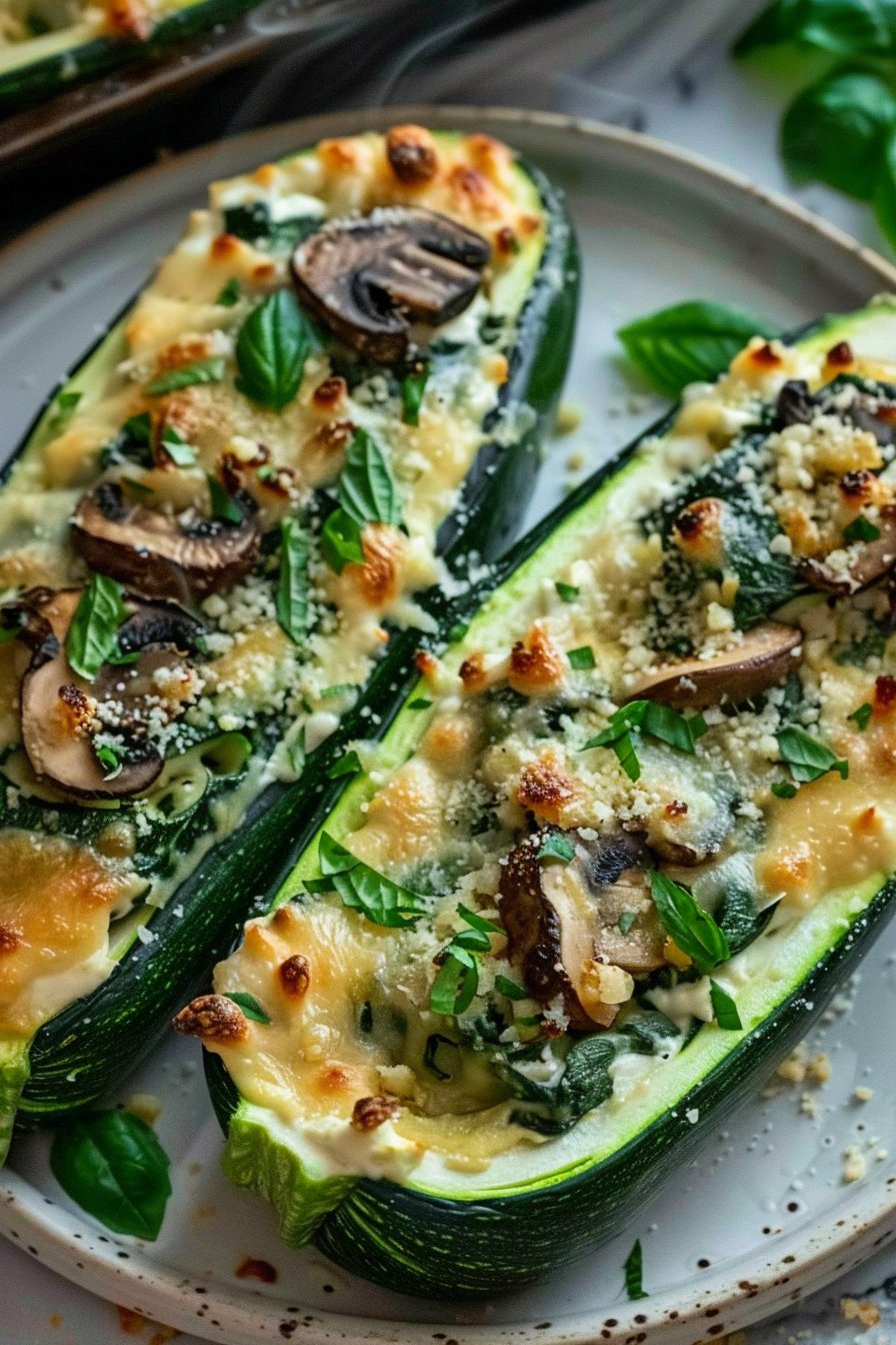 Spinach, Mushroom, and Ricotta Stuffed Zucchini Boats serving image