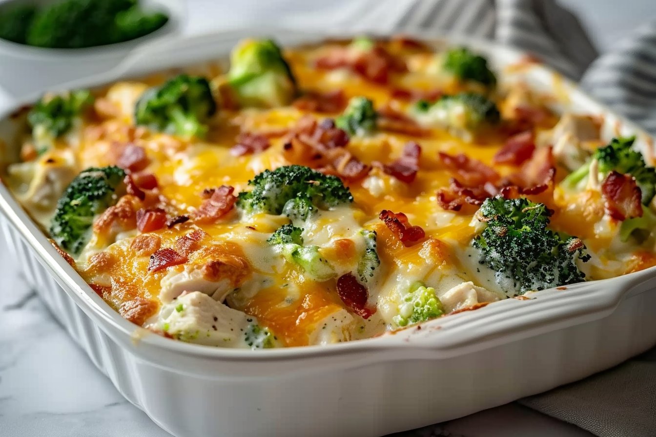 Creamy Low Carb Chicken Casserole with Broccoli and Turkey Bacon recipe card