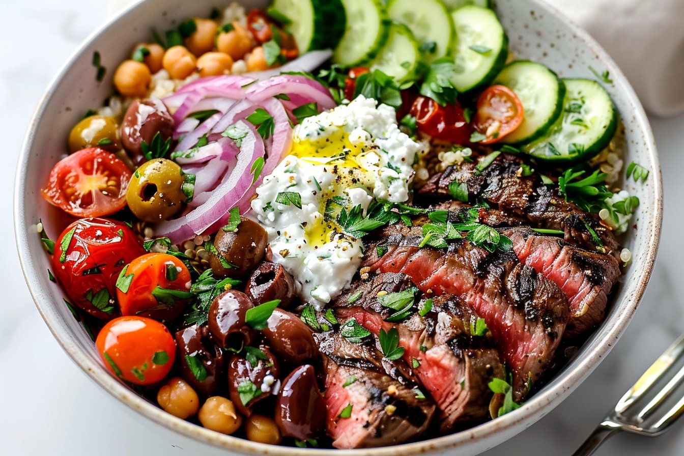 Mediterranean Steak Bowl recipe card