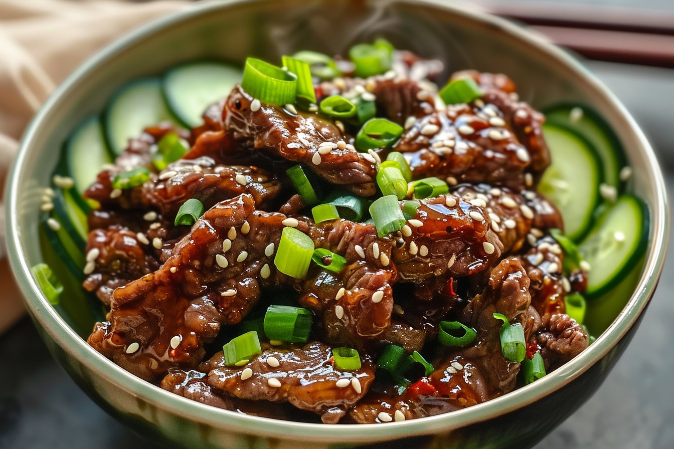 Delightful Spicy Keto Korean Beef with Cucumber Salad Dish recipe card