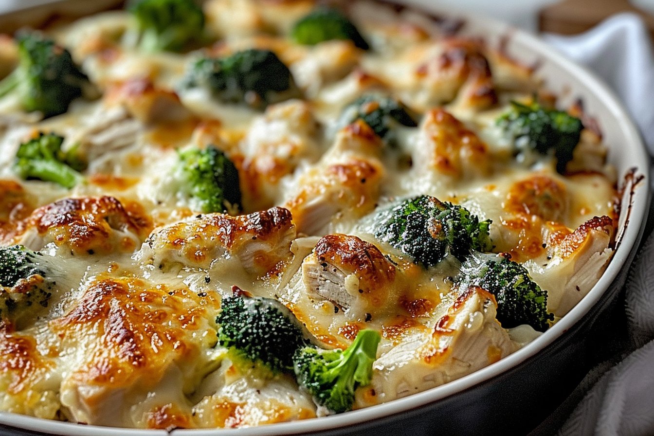 Creamy Keto Chicken Alfredo Broccoli Bake for Cozy Nights recipe card