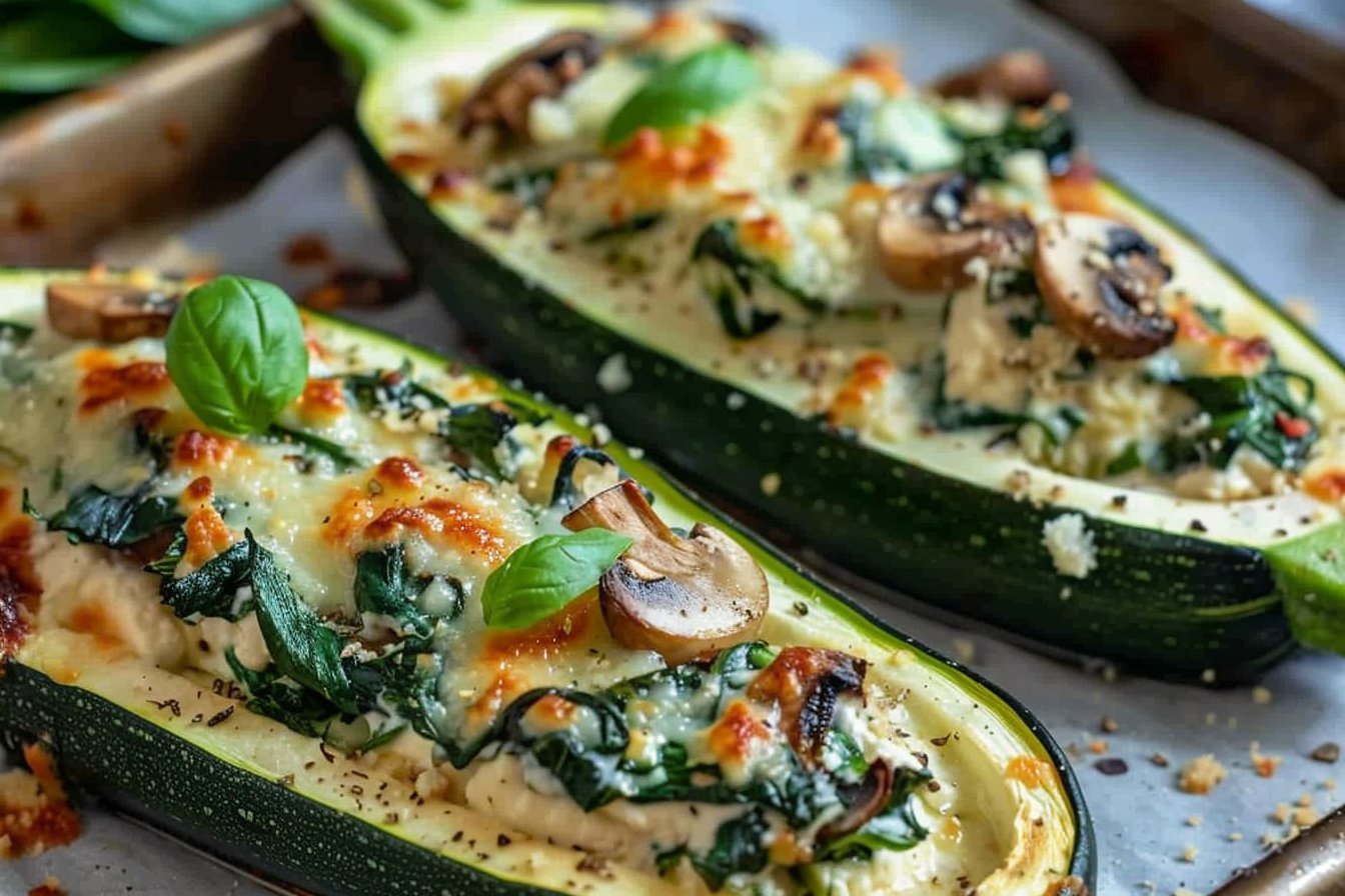Spinach, Mushroom, and Ricotta Stuffed Zucchini Boats recipe card
