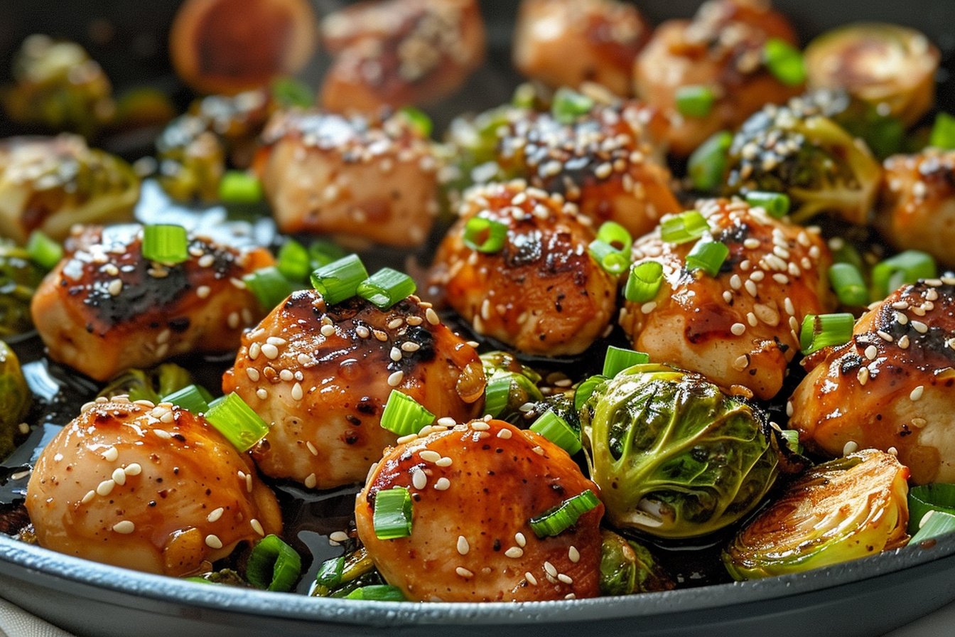 Honey-Garlic Chicken & Brussels Sprouts Skillet recipe card