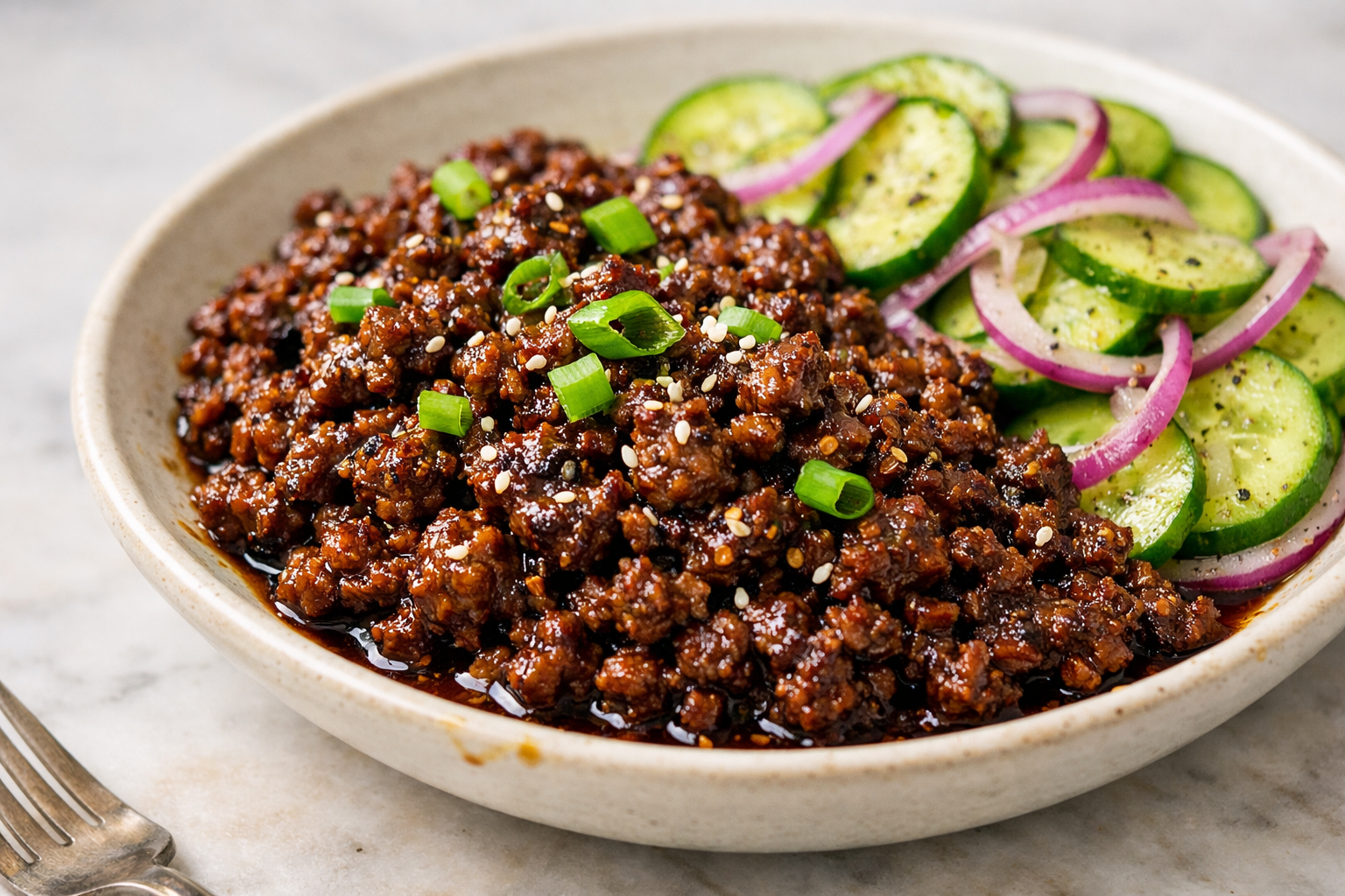 Spicy Korean Ground Beef with Cucumber Salad featured image