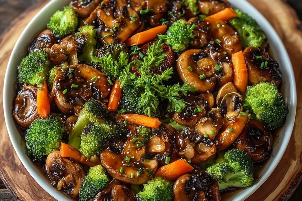 15-minute skillet recipe with mushrooms, broccoli, and carrots in a pan