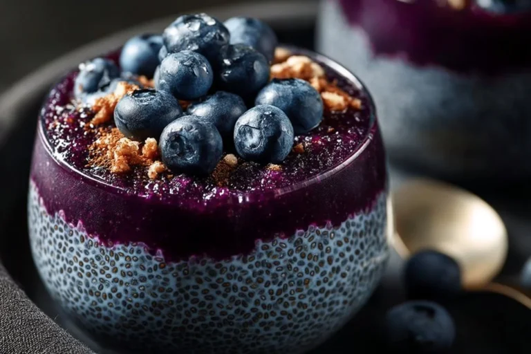 Delicious blueberry chia pudding served in a bowl with fresh berries on top.