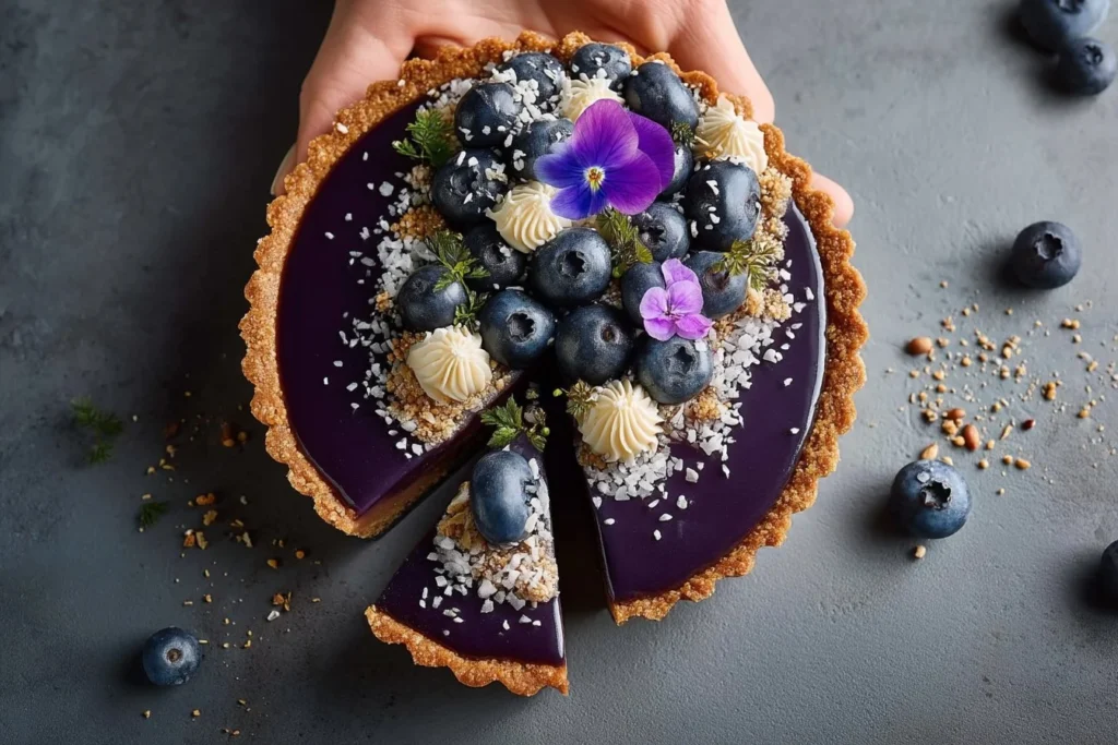 Delicious blueberry tart infused with Earl Grey tea, served on a rustic table.