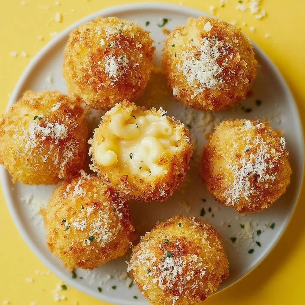 Air fryer fried macaroni and cheese balls on a plate with a dipping sauce