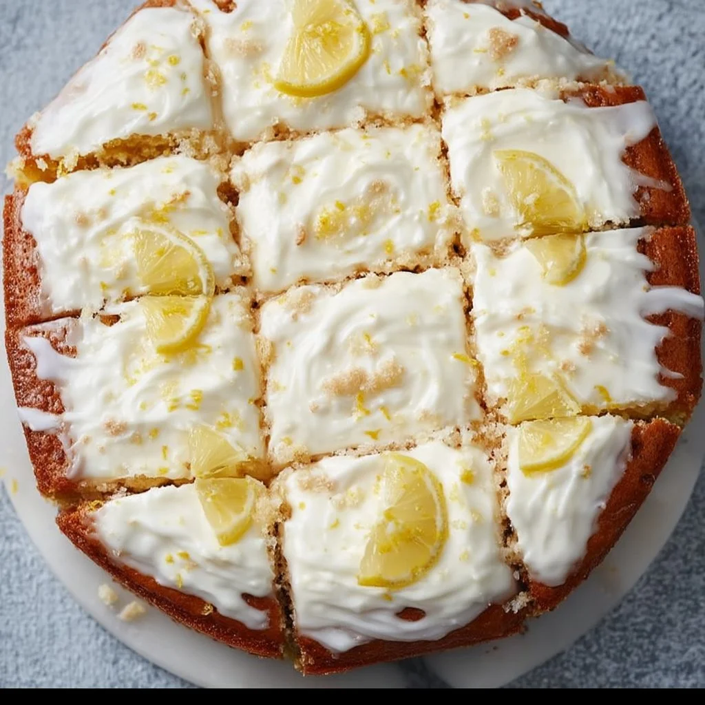 Healthy lemon cake made with Greek yogurt, decorated with lemon slices.