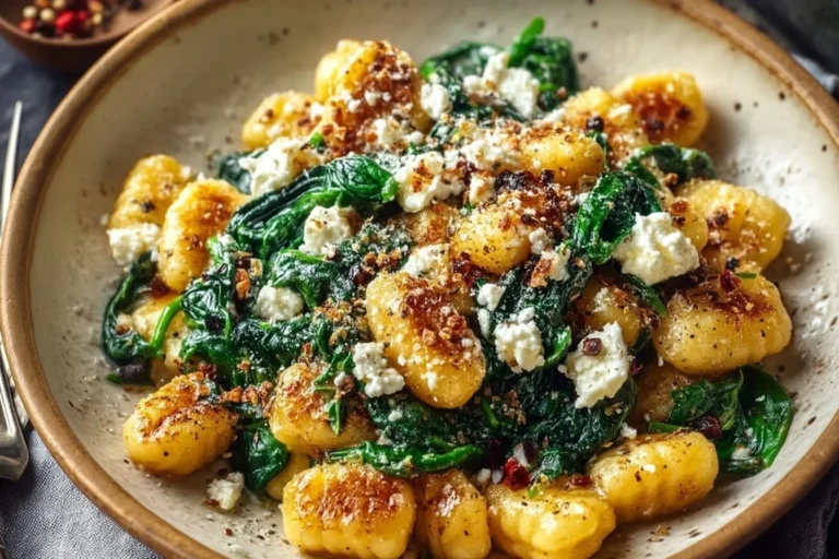 Creamy gnocchi dish topped with spinach and feta cheese