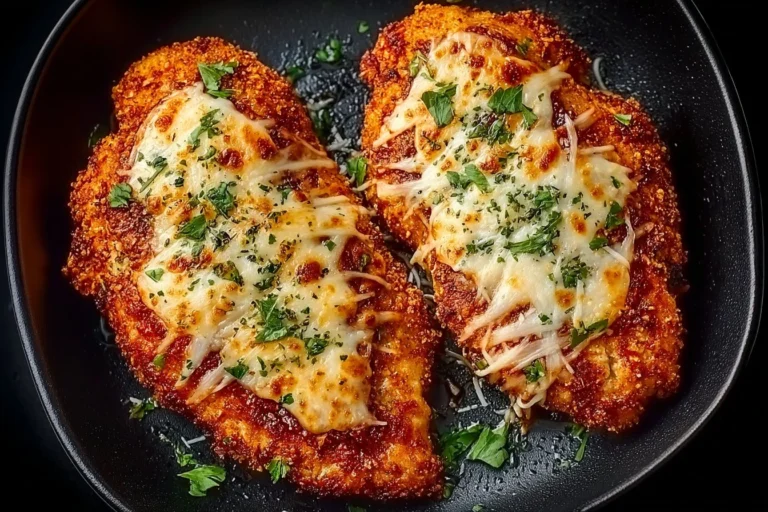 Crispy air fryer chicken parmesan served with marinara sauce and cheese.