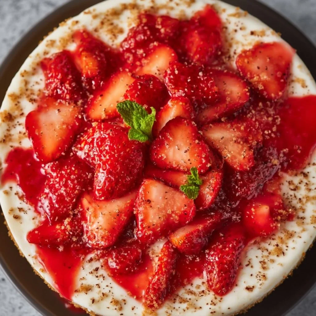 No bake sugar free strawberry cheesecake topped with fresh strawberries