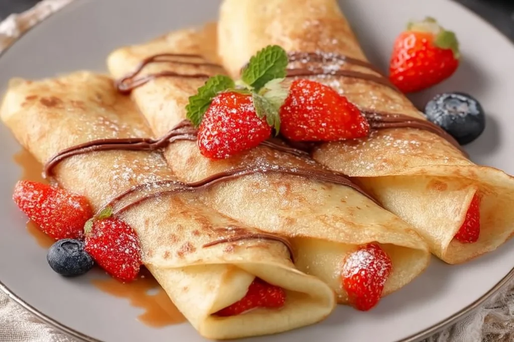 Delicious eggless crepes served with fresh fruit and syrup