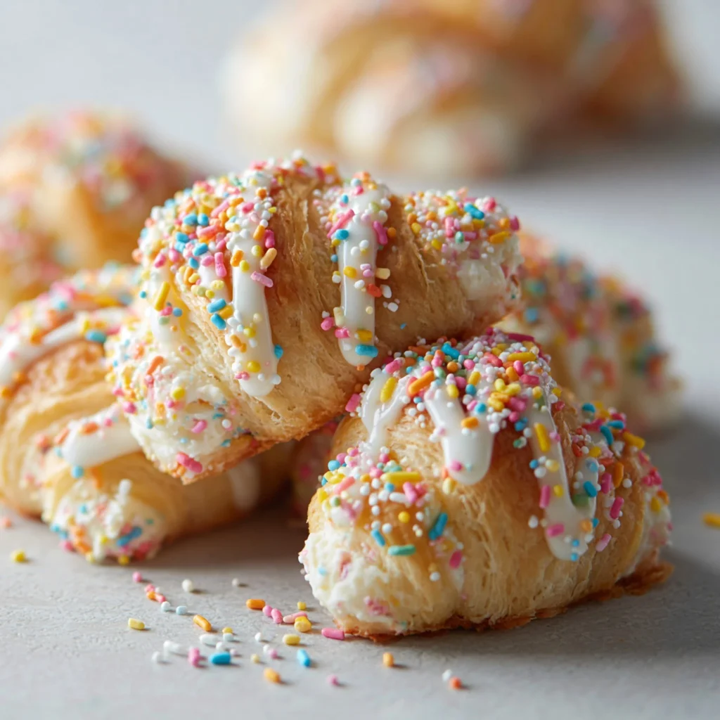 Funfetti cheesecake stuffed crescent rolls on a plate