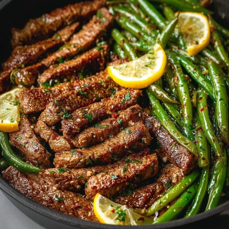 Garlic Butter Steak served with Lemon Green Beans in a skillet.