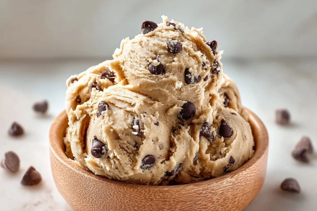 Bowl of Greek yogurt cookie dough with chocolate chips and nuts