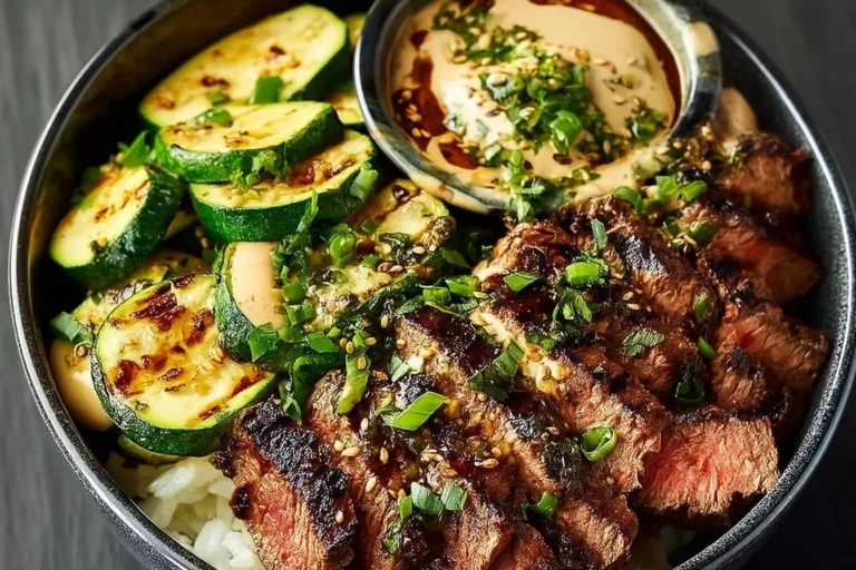 Grilled steak bowl topped with sauce and grilled zucchini on a plate