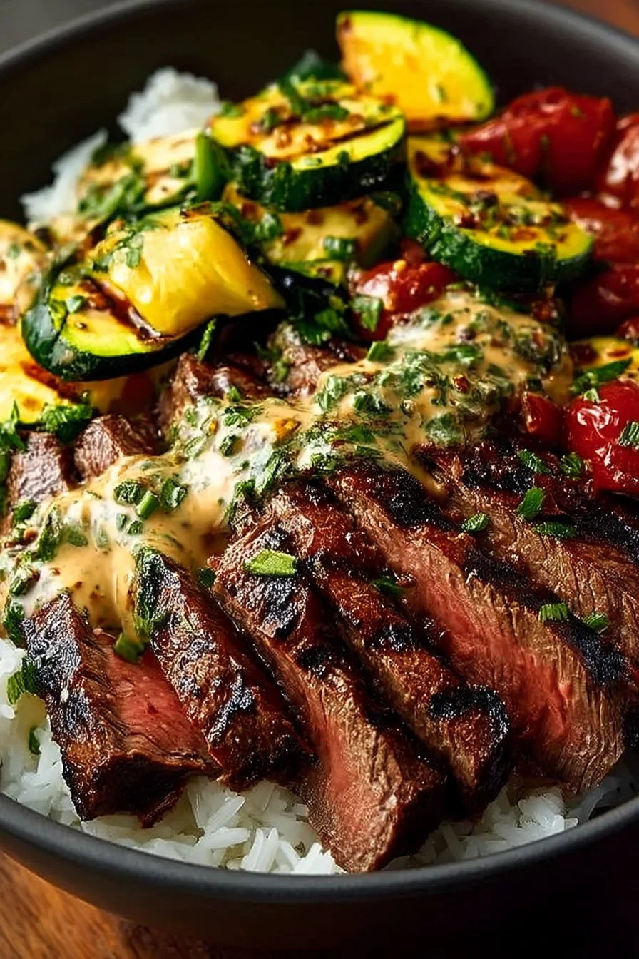 Grilled Steak Bowl with Sauce & Grilled Zucchini Bliss