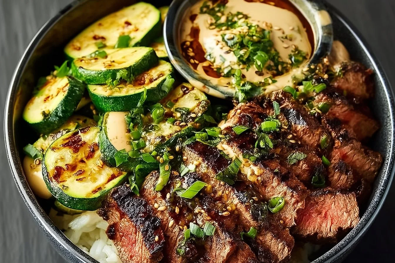 Grilled Steak Bowl with Sauce & Grilled Zucchini Bliss