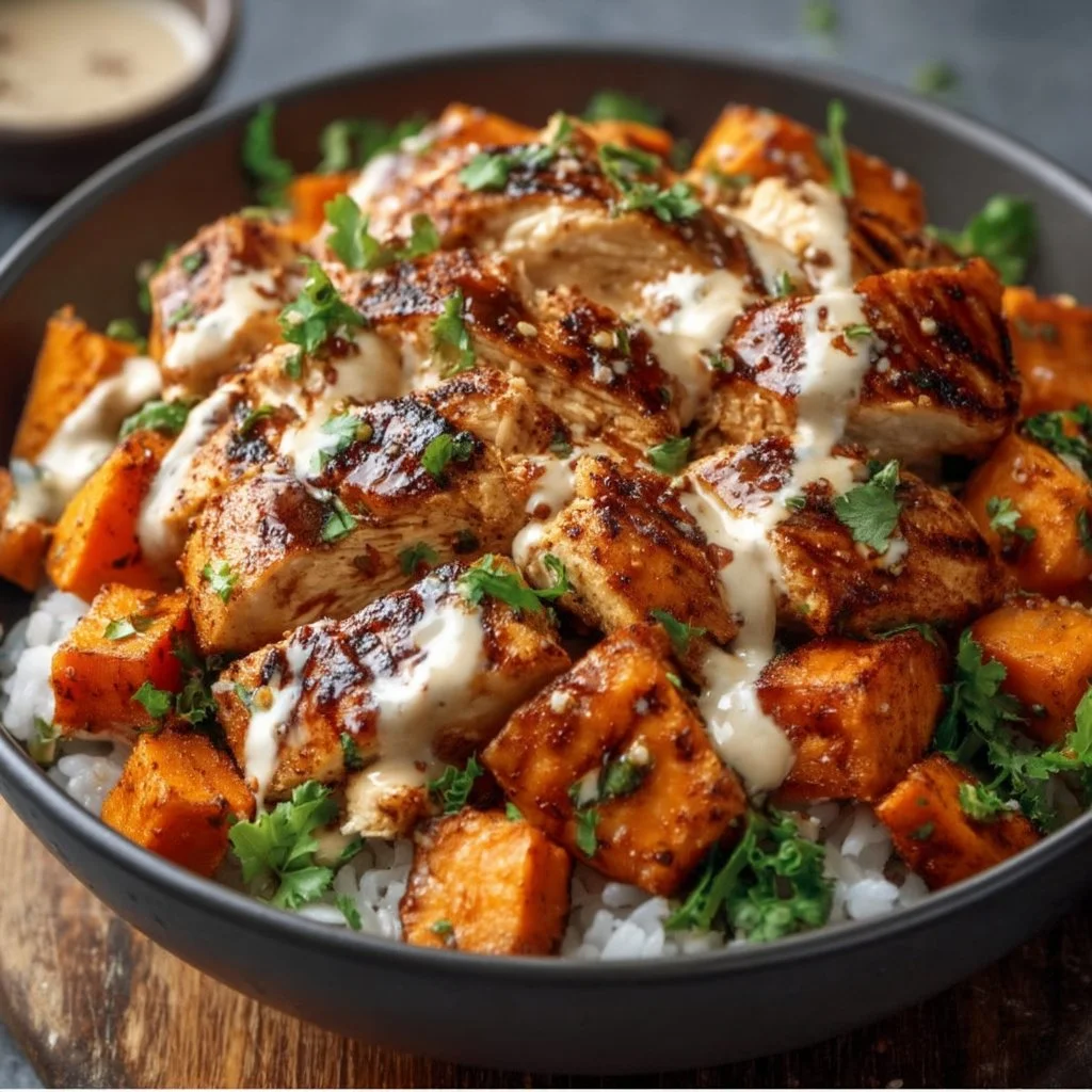 Healthy chicken rice bowl with sweet potatoes and colorful vegetables