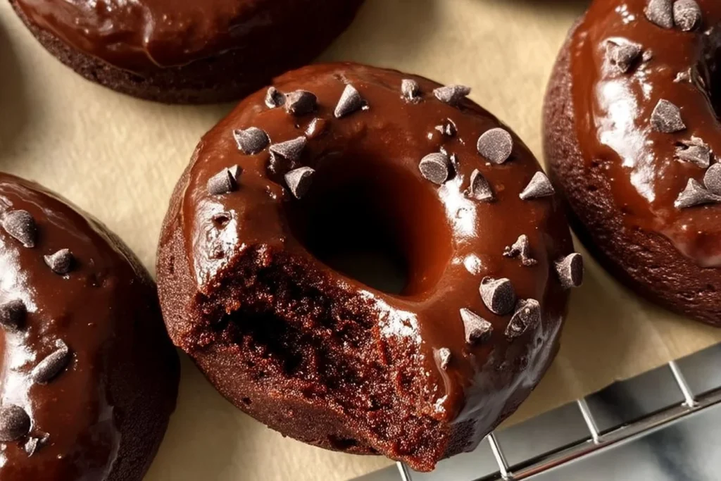 Healthy chocolate protein donuts decorated with chocolate glaze and sprinkles