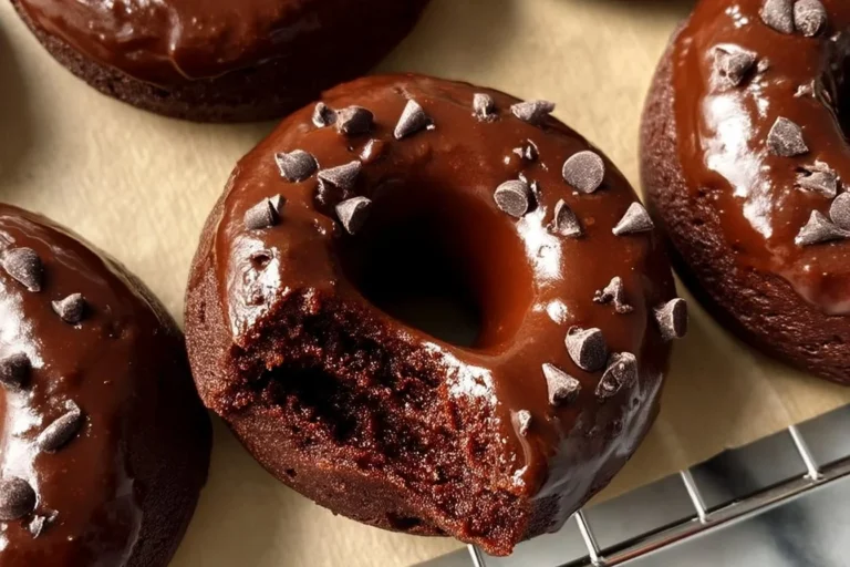 Healthy chocolate protein donuts decorated with chocolate glaze and sprinkles