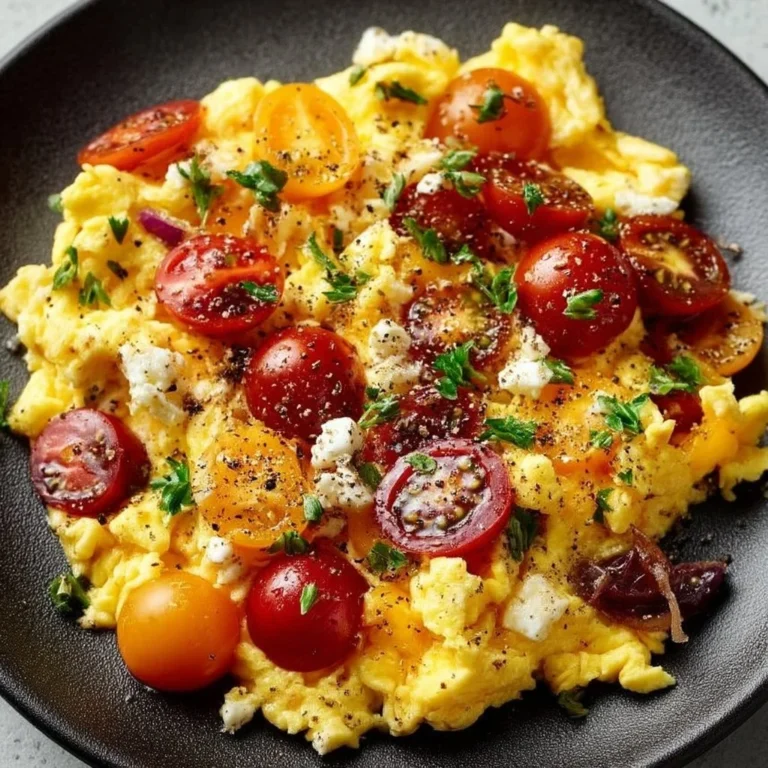 Delicious healthy Mediterranean scrambled eggs served on a plate