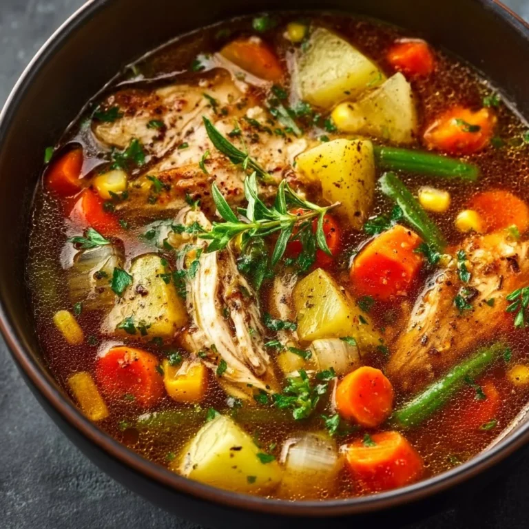 Bowl of hearty chicken veggie soup with colorful vegetables and chicken pieces.