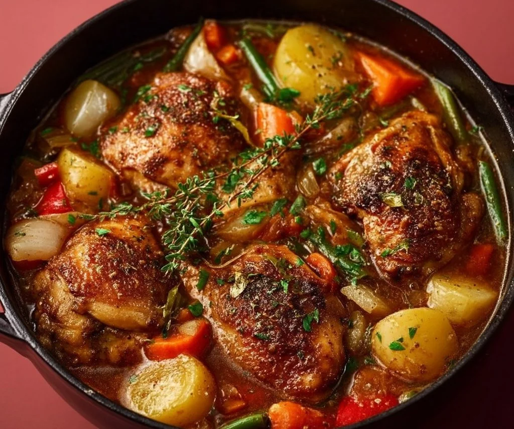 Hearty One-Pot Chicken Stew served in a bowl with vegetables and herbs.