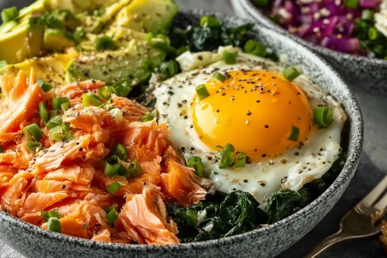 Keto salmon and egg breakfast bowl with fresh ingredients in a bowl