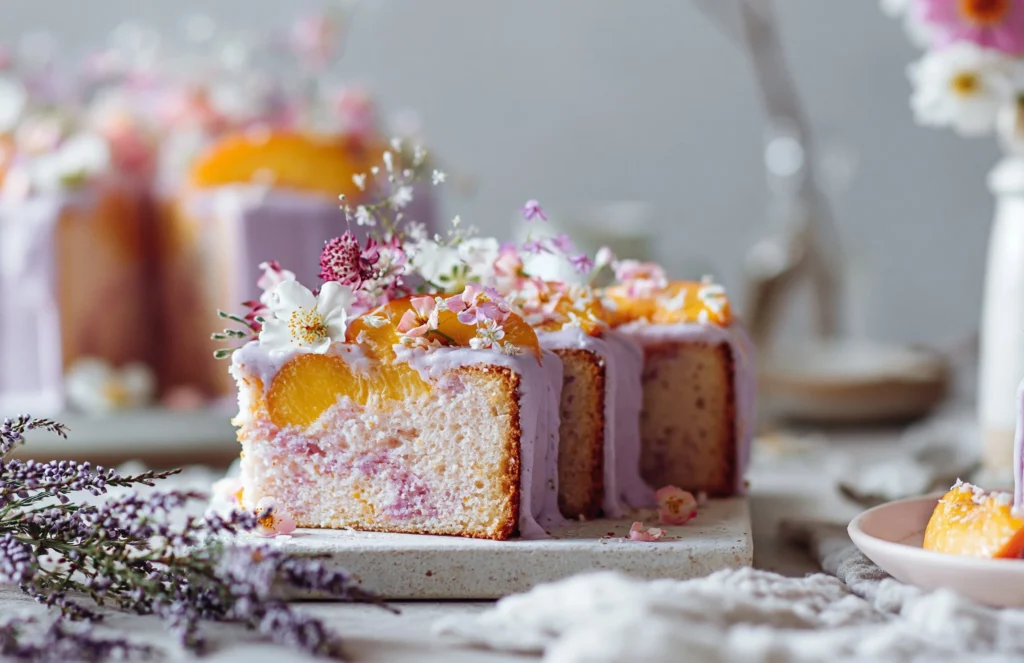 A beautifully decorated Lavender Peach Cake with fresh lavender and peaches.