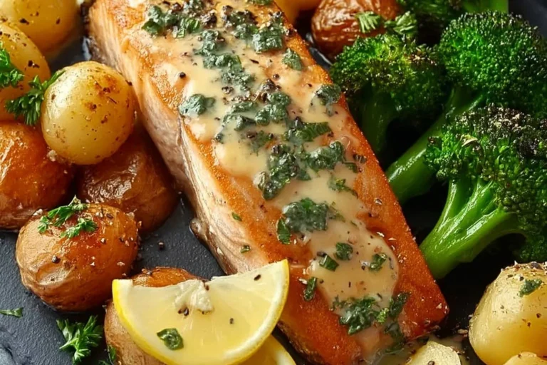 Plate of Lemon Butter Salmon served with crispy potatoes and broccoli.