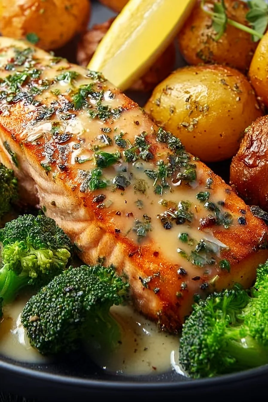 Lemon Butter Salmon with Crispy Potatoes and Broccoli