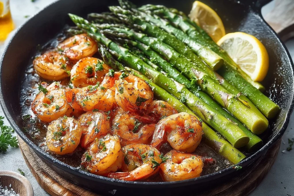 Delicious plate of Lemon Garlic Butter Shrimp with Asparagus garnished with herbs