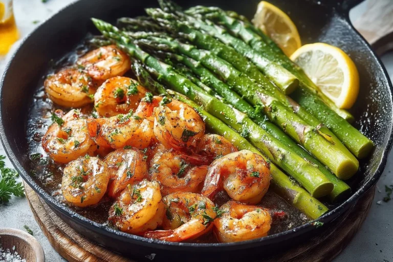Delicious plate of Lemon Garlic Butter Shrimp with Asparagus garnished with herbs
