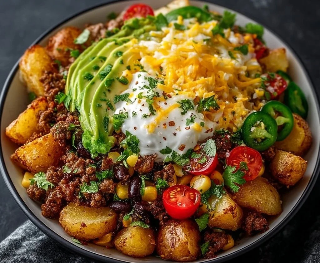 Delicious Loaded Potato Taco Bowl with toppings and spices