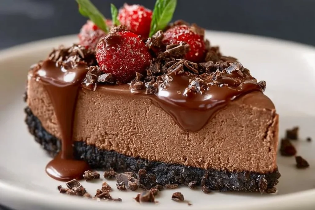 Low Carb No-Bake Chocolate Cheesecake topped with chocolate shavings