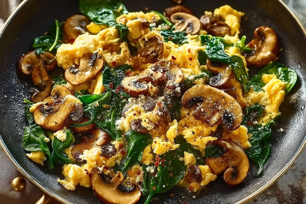 Plate of Mushroom Spinach Scrambled Eggs topped with herbs