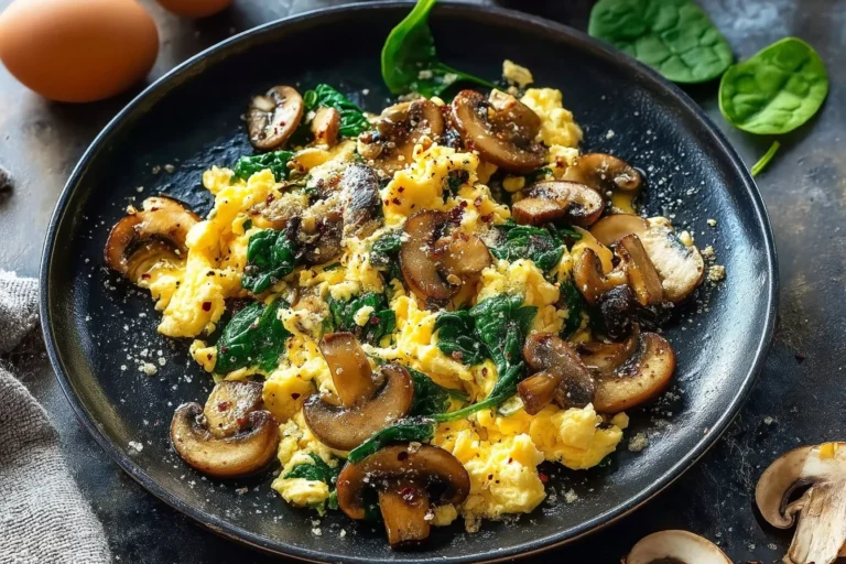 Mushroom and spinach scrambled eggs on a plate, garnished with herbs.