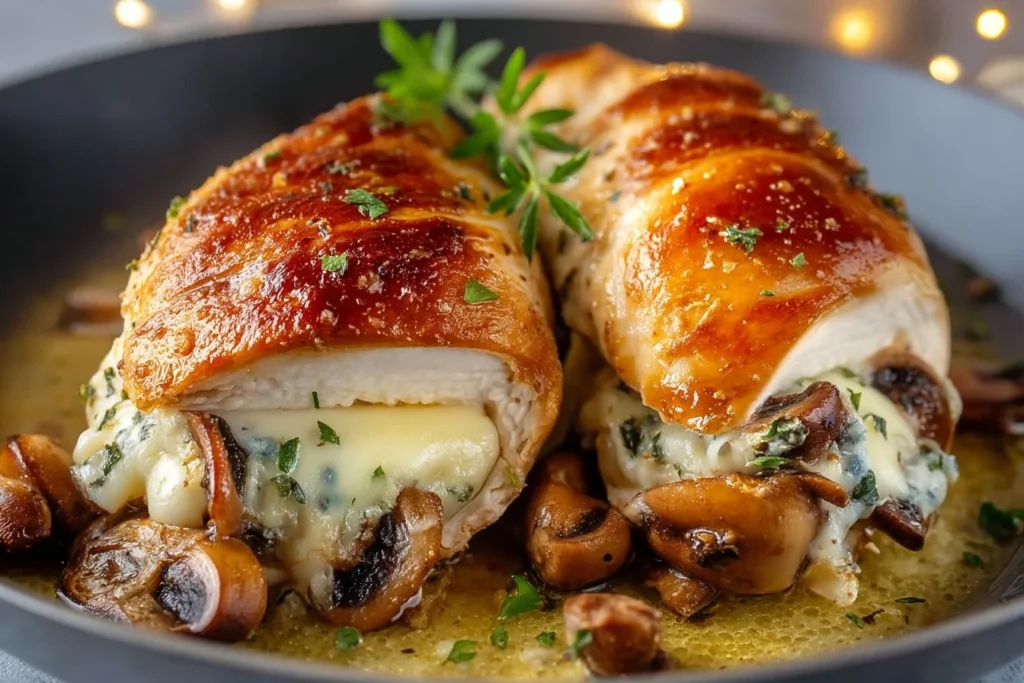 Mushroom Stuffed Chicken Breast with herbs and spices on a plate.