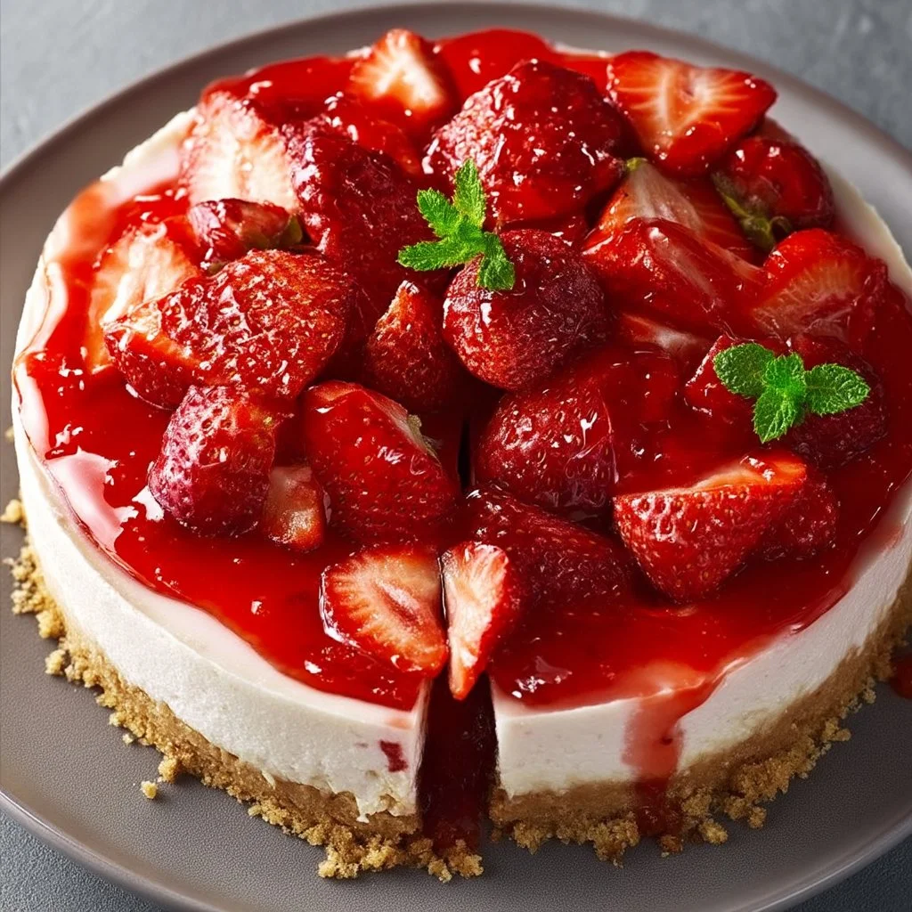 No-bake sugar-free strawberry cheesecake topped with fresh strawberries