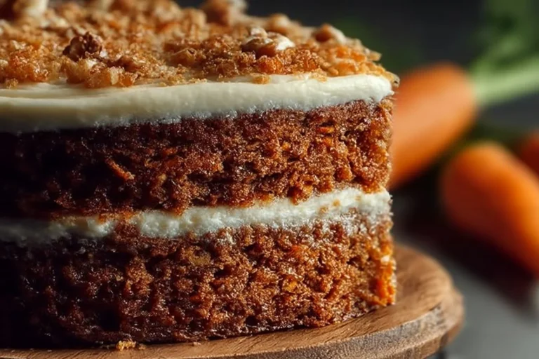 No Sugar Carrot Cake topped with cream cheese frosting and walnuts
