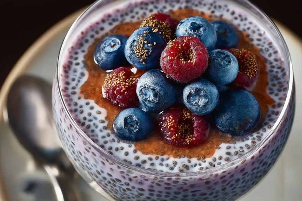 Delicious no sugar chia seed pudding topped with fresh fruit