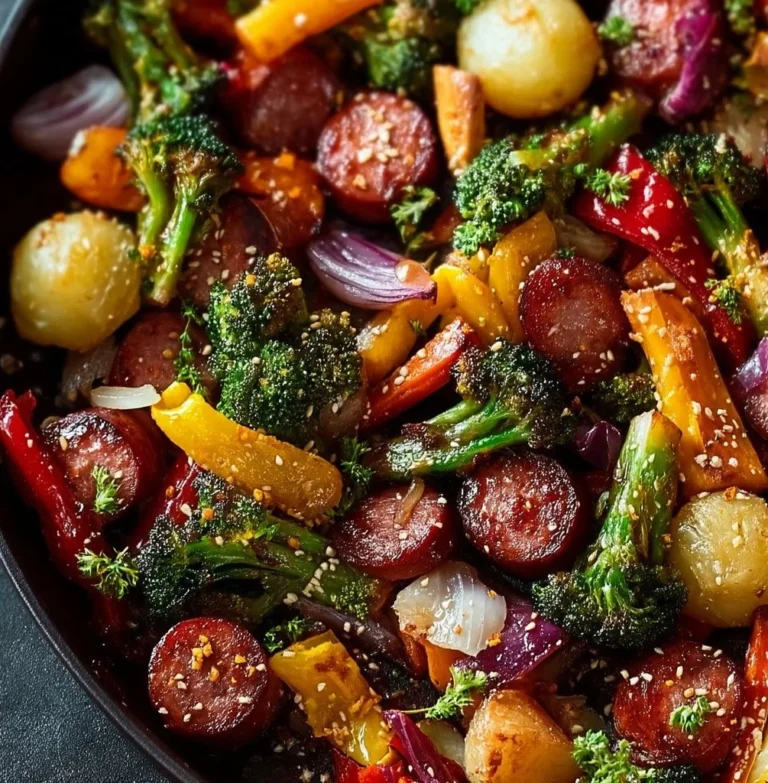 One-Pan Honey Garlic Kielbasa with colorful veggies cooked to perfection